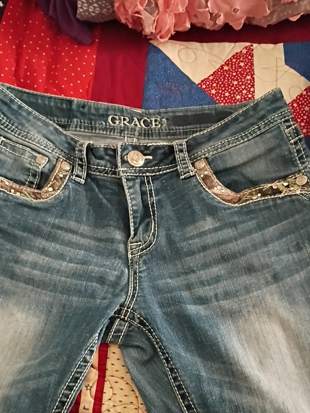 GraceinLA Women’s Blue Bootcut Jeans with Embellished Pockets